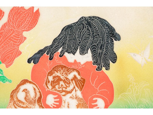 Motoi Oi (Jap. Am. 1910-2004) Retro Woodblock Print Girl Puppies