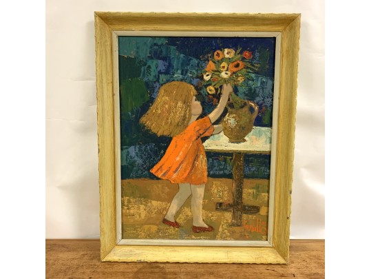 Edith Ferullo (Am. 1928-2008) OIl On Board Girl With Vase Of Flowers