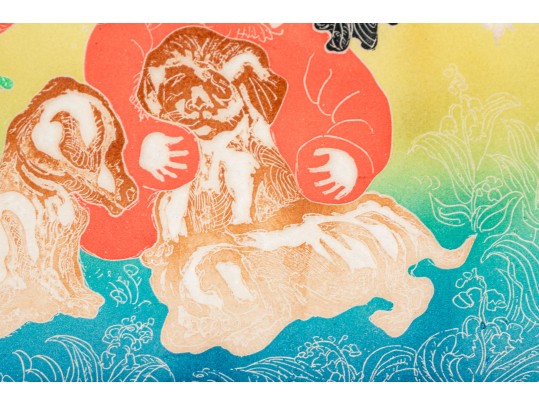 Motoi Oi (Jap. Am. 1910-2004) Retro Woodblock Print Girl Puppies