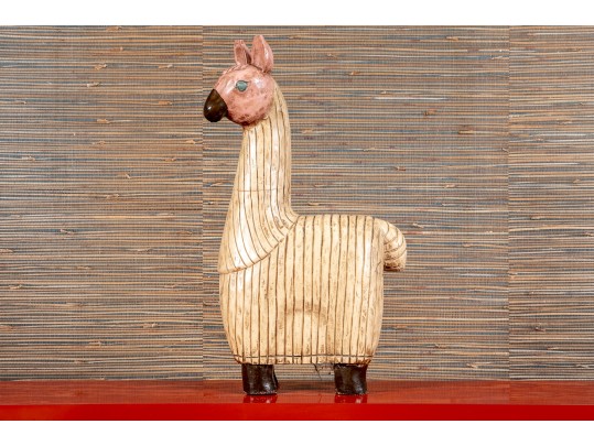 Fantastic Artisanal Carved And Painted Wooden Alpaca