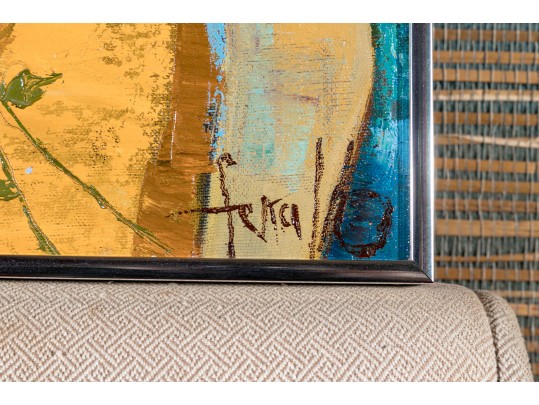 Edith Ferullo (Am. 1928-2008) Oil On Canvas Girl In Orange With 3 Daisies