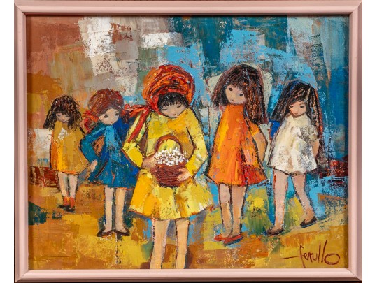 Edith Ferullo (Am. 1928-2008) Oil On Canvas Of Five Little Girls
