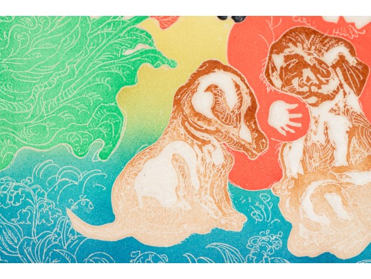 Motoi Oi (Jap. Am. 1910-2004) Retro Woodblock Print Girl Puppies