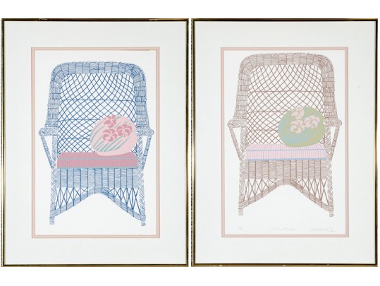 Katherine E. Parker (Am. 1949 - 2004) Pair Of Signed & Numbered Wicker Chair Lithographs