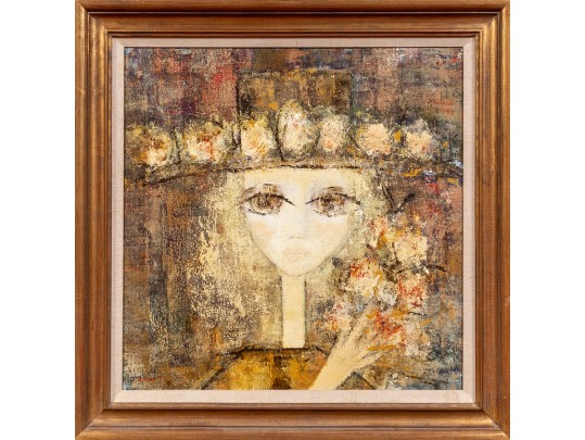 Rosina Lyford (British, 1936-) Woman With Hat & Flowers Oil On Canvas