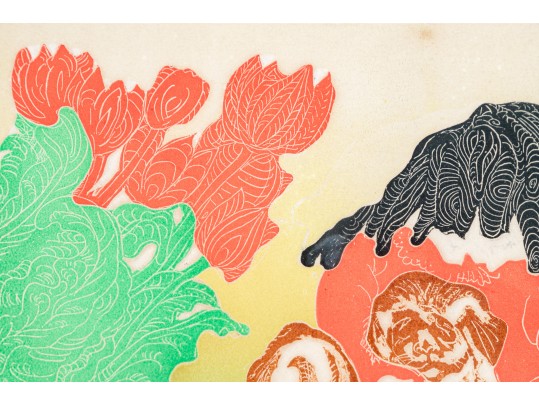 Motoi Oi (Jap. Am. 1910-2004) Retro Woodblock Print Girl Puppies