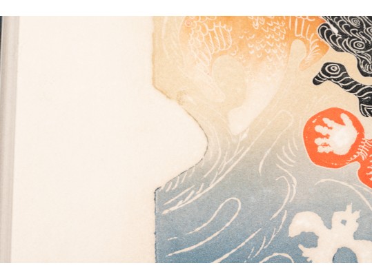 Motoi Oi (Jap. Am. 1910-2004) Retro Woodblock Print Girl With Birds