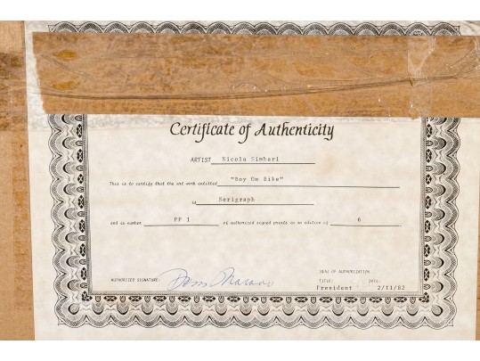 Nicola Simbari (Italian 1927 - 2012) Signed & Numbered Serigraph Boy On Bike