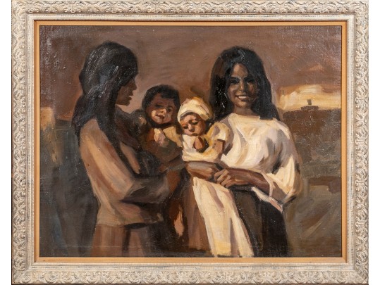 Over-Sized Oil On Linen Framed Portrait Of Women & Children