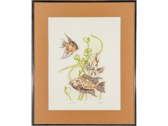 Lawrence Lerfald (Am. B. 1938) Set Of 4 Framed Etchings With Aquatics & Butterflies