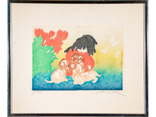 Motoi Oi (Jap. Am. 1910-2004) Retro Woodblock Print Girl Puppies