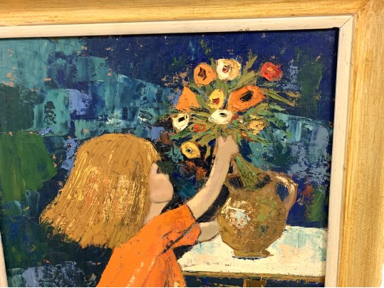 Edith Ferullo (Am. 1928-2008) OIl On Board Girl With Vase Of Flowers