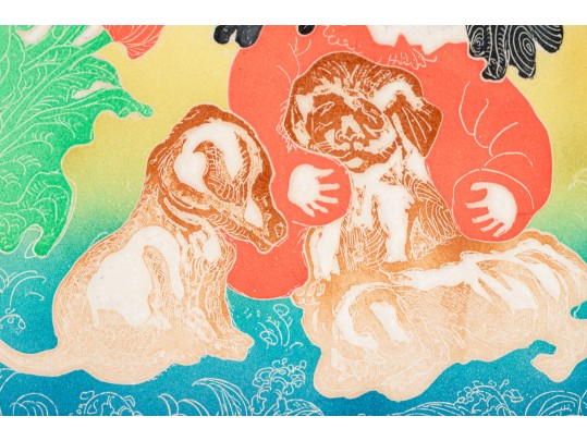 Motoi Oi (Jap. Am. 1910-2004) Retro Woodblock Print Girl Puppies