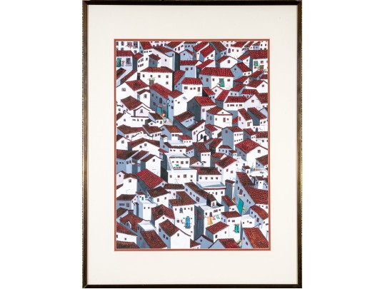 Vivienne Lee (Chinese/American, 20th Century) 1980s Watercolor And Gouache Painting Of Roof Tops