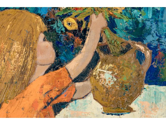 Edith Ferullo (Am. 1928-2008) OIl On Board Girl With Vase Of Flowers