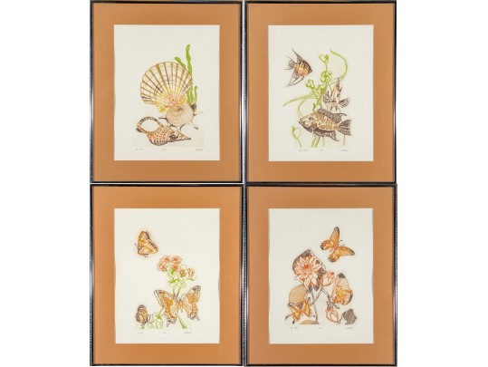 Lawrence Lerfald (Am. B. 1938) Set Of 4 Framed Etchings With Aquatics & Butterflies
