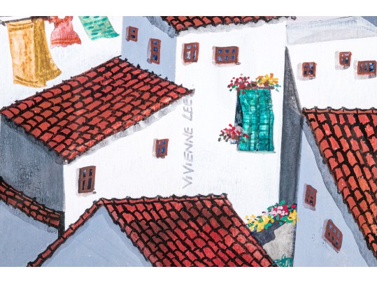 Vivienne Lee (Chinese/American, 20th Century) 1980s Watercolor And Gouache Painting Of Roof Tops