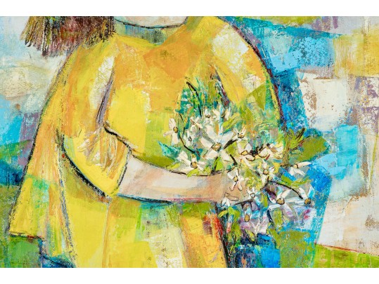 Edith Ferullo (Am. 1928-2008) Oil On Canvas Girl In Yellow With Flowers
