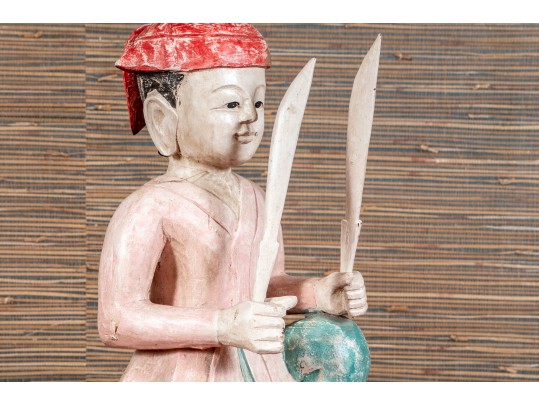 Thai Carved And Polychrome Finished Wooden Burmese Soldier