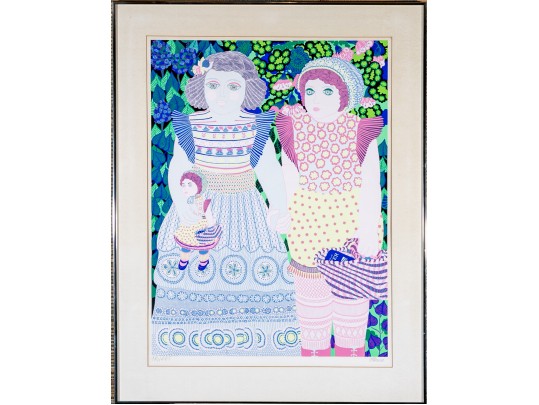 Daniele Akmen (Monaco, B. 1945) Signed Numbered Serigraph Girls With Doll & Basket
