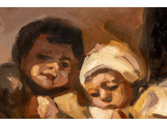 Over-Sized Oil On Linen Framed Portrait Of Women & Children