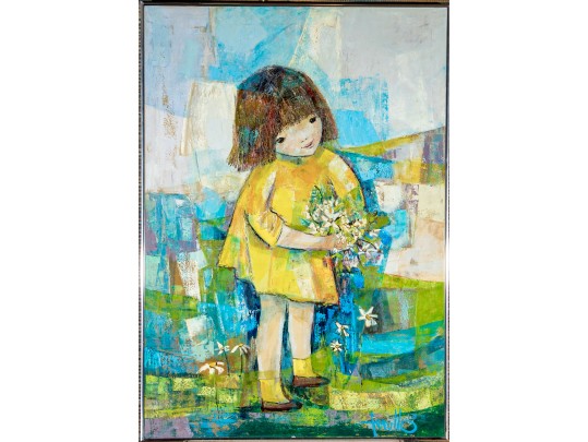 Edith Ferullo (Am. 1928-2008) Oil On Canvas Girl In Yellow With Flowers