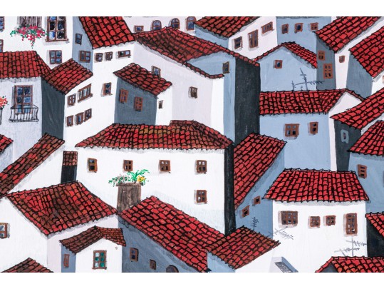 Vivienne Lee (Chinese/American, 20th Century) 1980s Watercolor And Gouache Painting Of Roof Tops