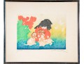 Motoi Oi (Jap. Am. 1910-2004) Retro Woodblock Print Girl Puppies