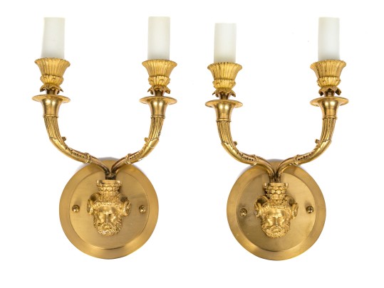 A Fine Pair Of Elegant Bronze Sconces With Classical Masks