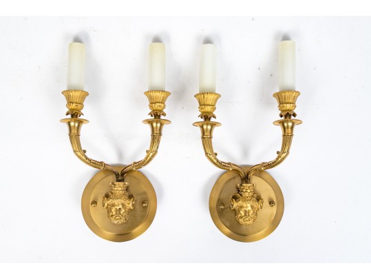 A Fine Pair Of Elegant Bronze Sconces With Classical Masks