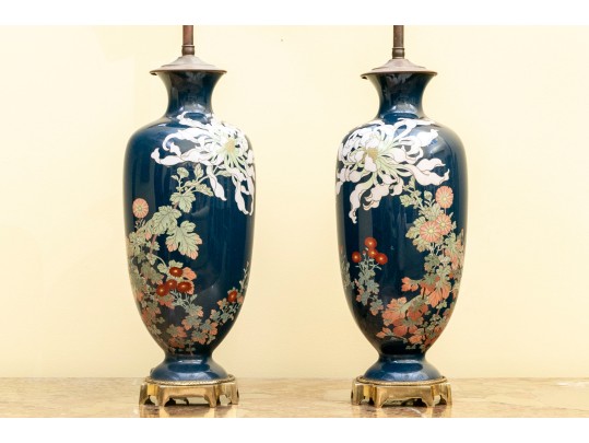 Pair Of Antique Japanese Cloisonné Enamel Vases Meiji Period, Mounted As Lamps