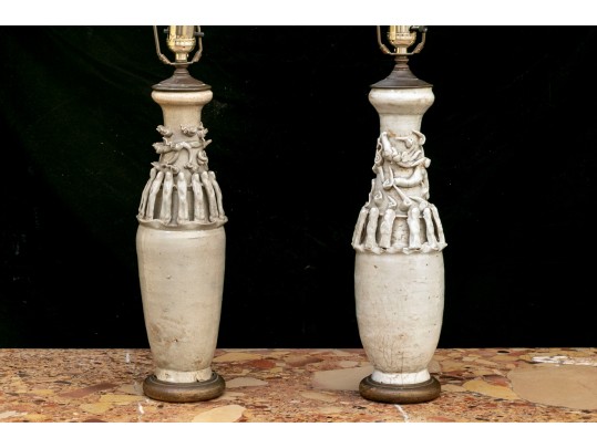 Set Of 2 Antique Chinese Glazed Ceramic Funerary Jars, Mounted As Table Lamps
