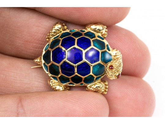 Hidalgo 18k Yellow Gold Charming Blue Enamel Turtle Brooch
