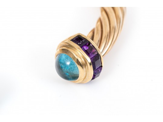 14k Yellow Gold Pretty Cable Cuff Bracelet, Set With Cabachon Blue Topaz And Square Amethyst Ends