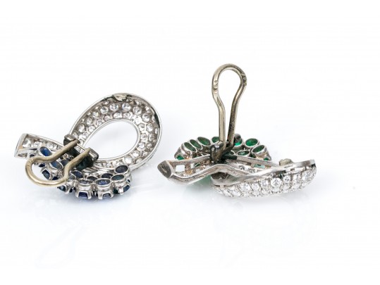 A Pair Of Opposing Platinum And White Gold & Gem-Set Ear Clips