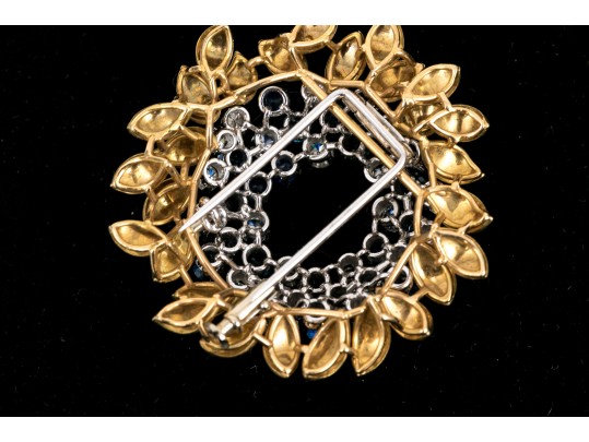 Spectacular 14k Gold Signed MIssiaglia Diamond And Sapphire Foliate Fur Clip