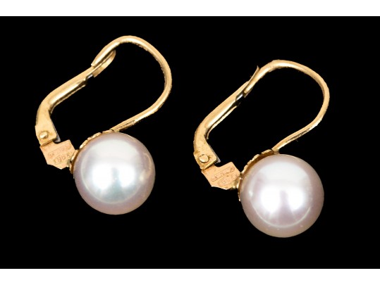 18k Yellow Gold Simple Cultured Pearl Drop Earrings, Featuring An 8.25mm Cultured Pearl