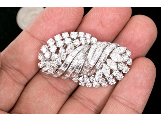 Platinum And 14k Magnificent Diamond Dress Clip/Brooch, Approximately 9.18 TCW