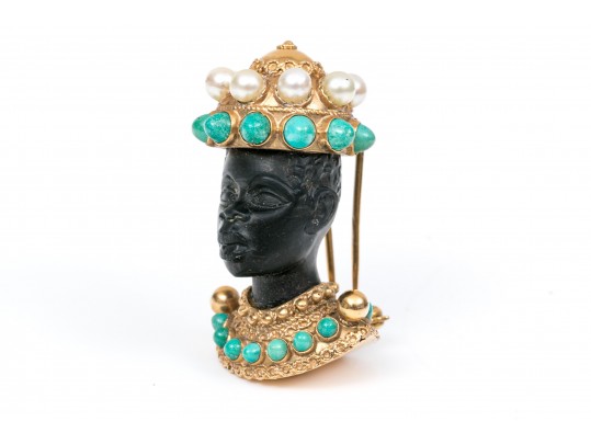 14k Yellow Gold Retro Cultured Pearl And Turquoise Blackamoor Brooch