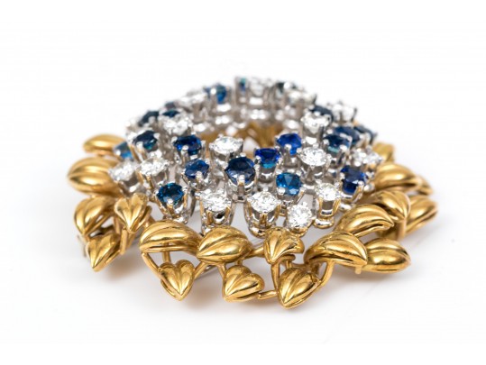 Spectacular 14k Gold Signed MIssiaglia Diamond And Sapphire Foliate Fur Clip