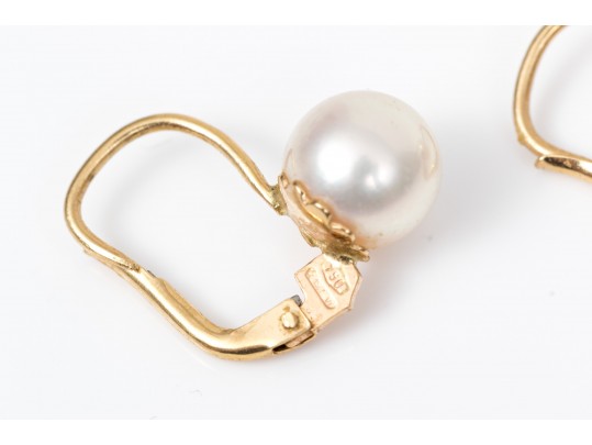 18k Yellow Gold Simple Cultured Pearl Drop Earrings, Featuring An 8.25mm Cultured Pearl