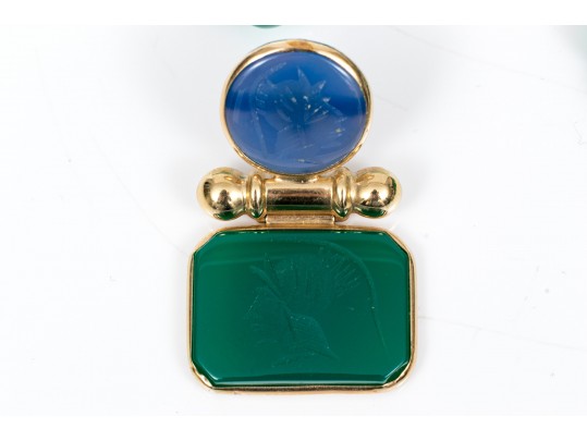 14k Yellow Gold Handsome Green And Blue Chalcedecony Earrings And Necklace Set