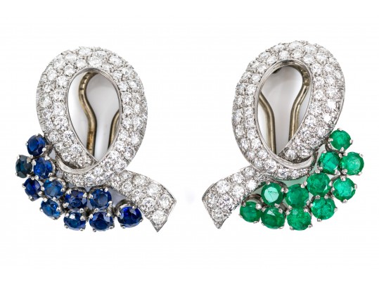 A Pair Of Opposing Platinum And White Gold & Gem-Set Ear Clips