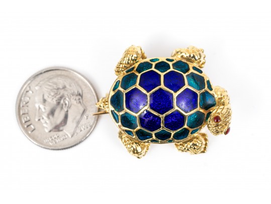 Hidalgo 18k Yellow Gold Charming Blue Enamel Turtle Brooch