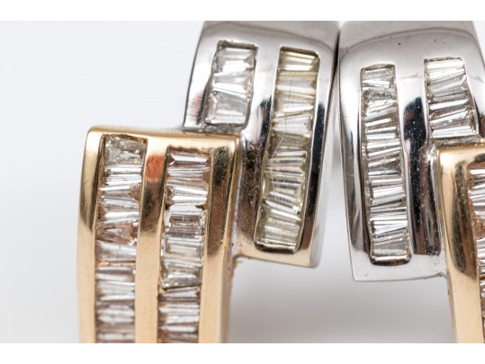 14k Impactful Two Tone Baguette Set Zig Zag Profile Earrings, App. 0.66 TCW