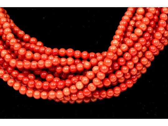 Fabulous Coral Torsade Choker Necklace, With A 14k Yellow Gold Clasp