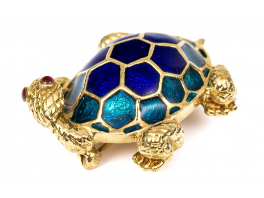 Hidalgo 18k Yellow Gold Charming Blue Enamel Turtle Brooch