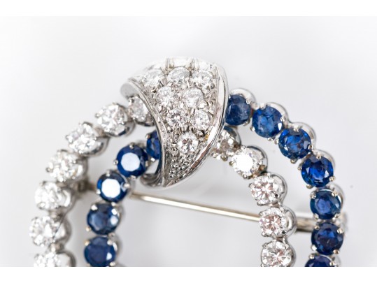 14k White Gold Wonderful Sapphire And Diamond Double Circle Brooch