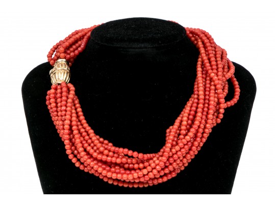 Fabulous Coral Torsade Choker Necklace, With A 14k Yellow Gold Clasp