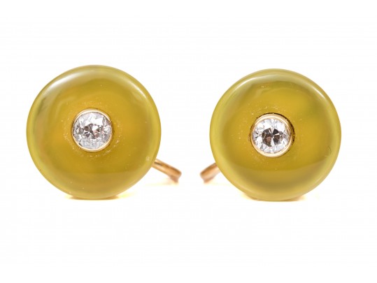 14k Yellow Gold Vintage Bakelite And Diamond Set Earrings, App. 0.28 TCW, Screw Style Backs